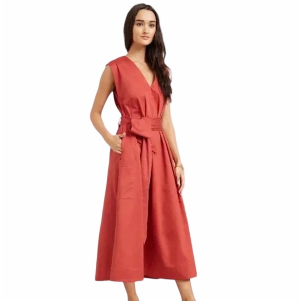 Modern Citizen Berry Red Claudette Cotton Midi Sleeveless Surplice Dress S